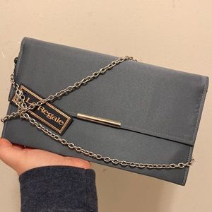 La Regale gray silver Satin flap clutch purse with chain